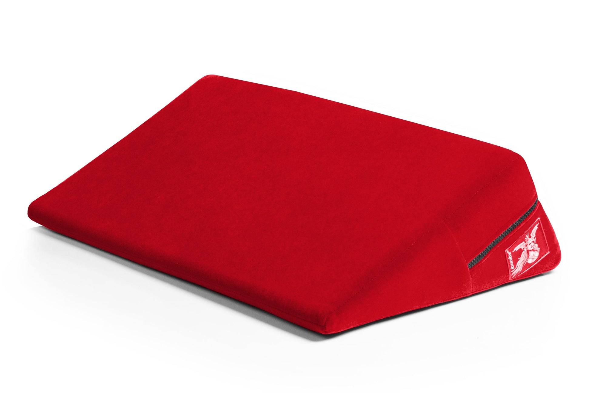 Red microfiber sex wedge positioning pillow with a zipper and logo.