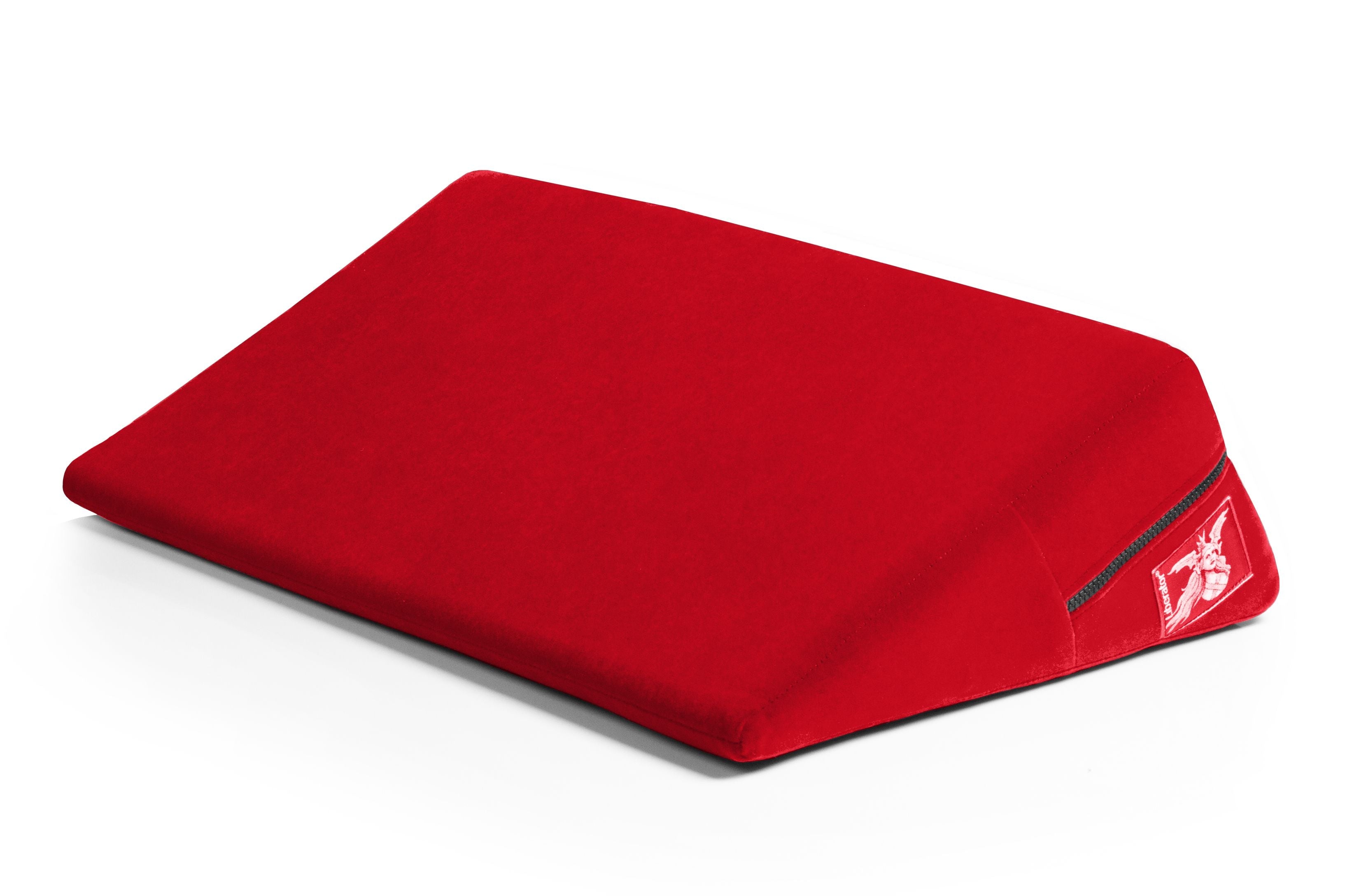 Red microfiber sex wedge positioning pillow with a zipper and logo.