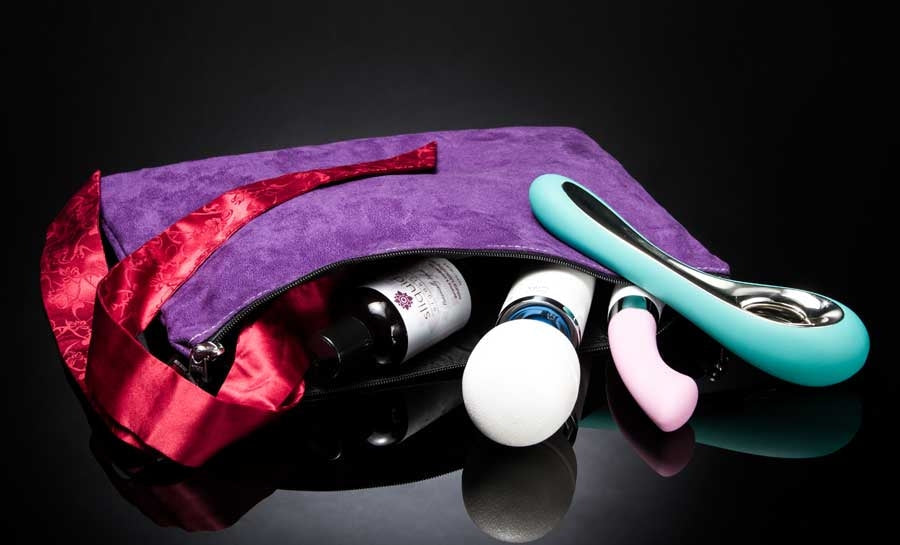 Grape microsuede travel case with intimate accessories.