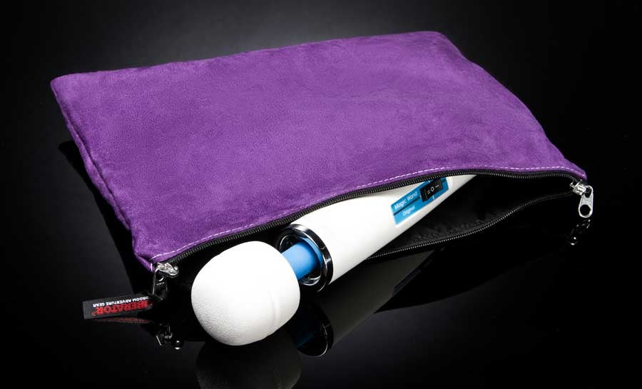 Grape microsuede travel case with a white vibrator partially inside.