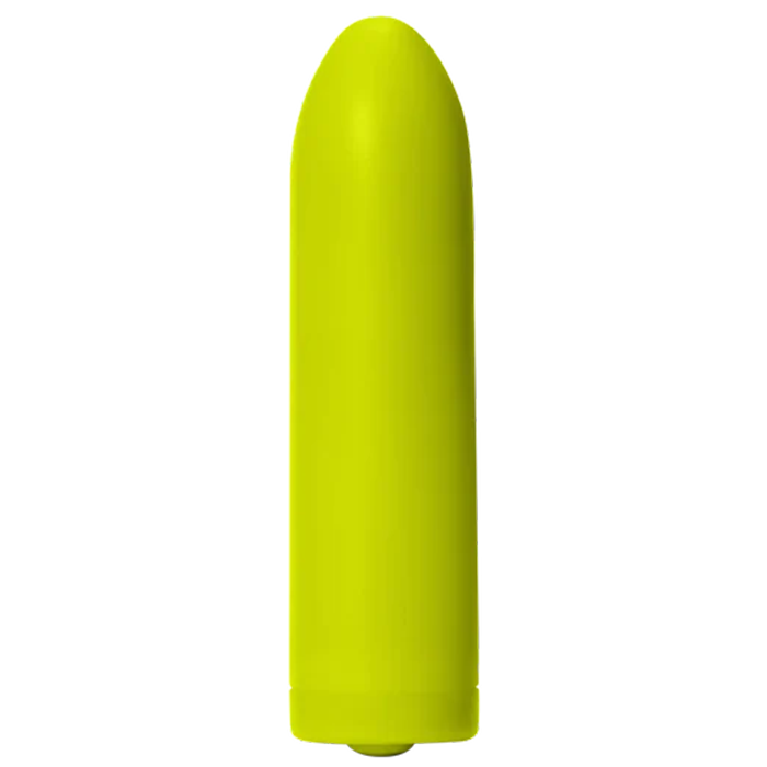 A bright yellow, bullet-shaped vibrator with a rounded top and flat base.